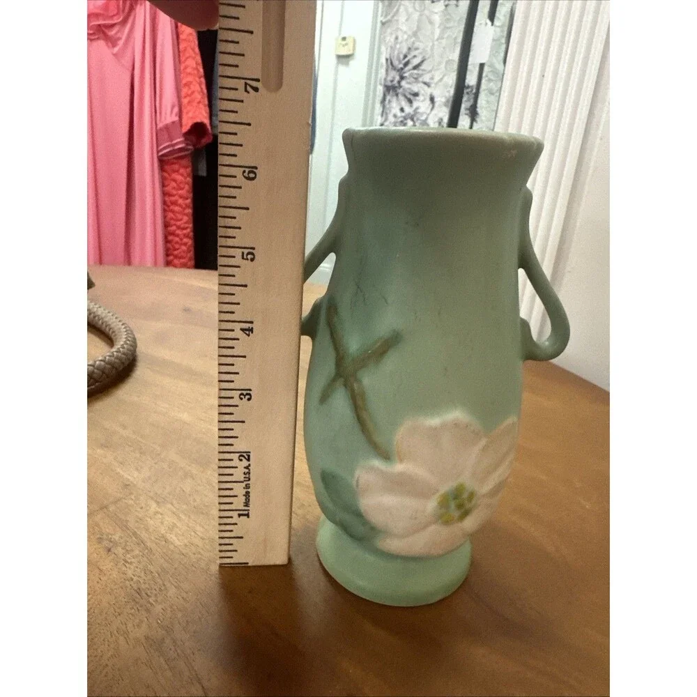 Vtg. Weller WIld Rose / Dogwood Aqua Green Double handle Vase 6.5